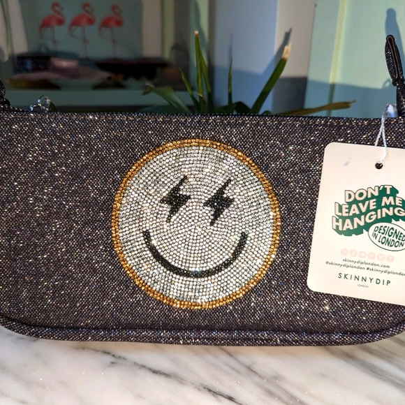 NWT Skinny Dip London Sparkly Black with Silver Happy ⚡⚡Face Purse - Picture 6 of 16